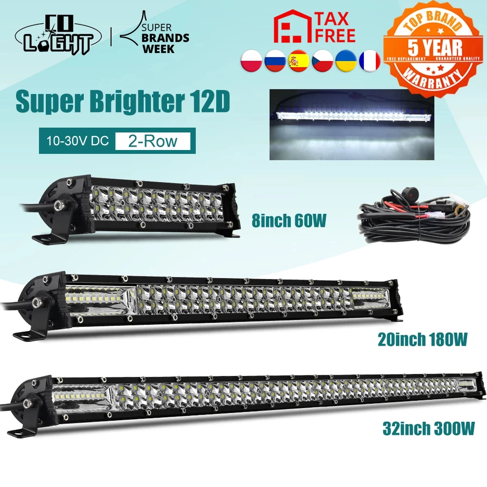 אבירי השטח-קבוצת רכיבה לטיולי שטח 4X4 לטרקטורונים/SBS CO LIGHT Super Slim 12D 8" 20" 32" LED Light Bar Spot Flood 60W 180W 300W Led Bar 4x4 for ATV SUV Offroad LED Work Light 12V 24V