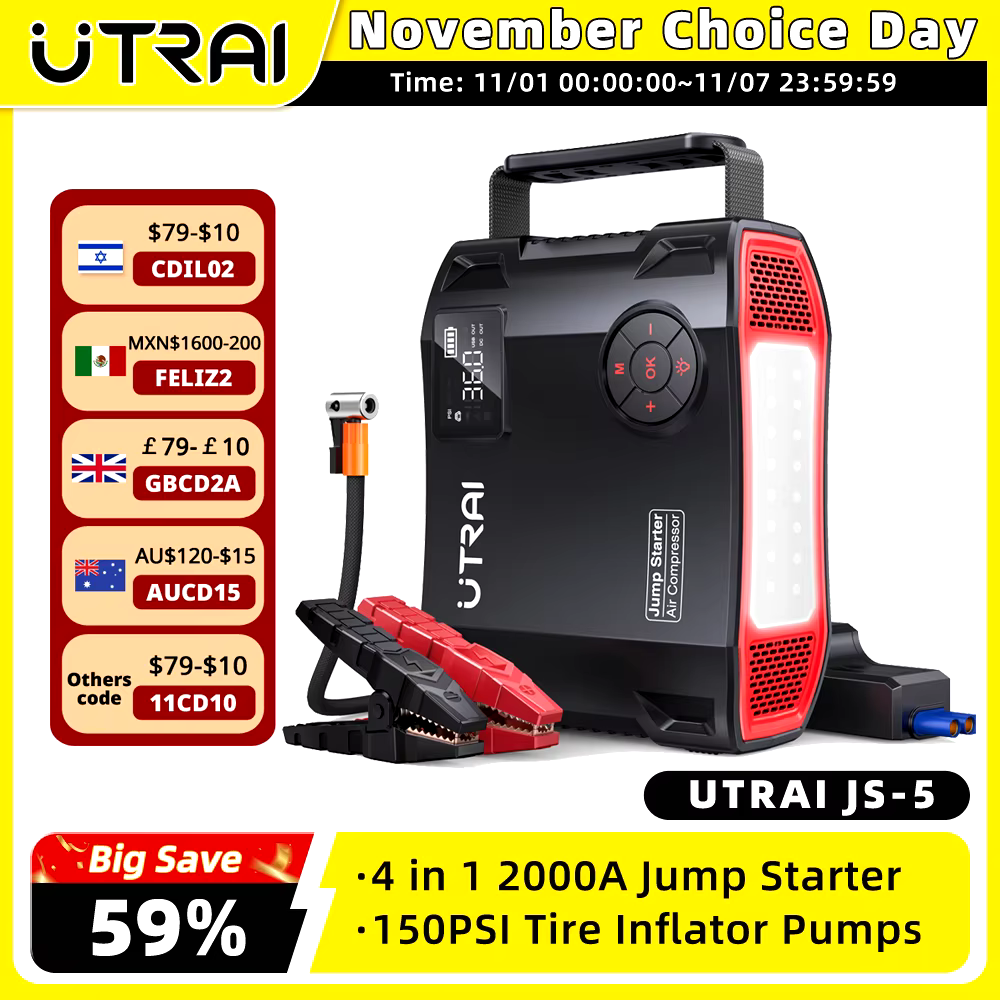 בוסטר משולב קומפרסור של UTRAI - בוסטר התנעה לרכב 2,000A, משאבה חשמלית לניפוח אוויר בגלגלים 150Psi, מטען נייד 24,000mAh, פנס לד.